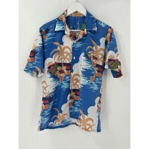 Vintage Hawaiian Shirt Mens Medium Blue Tropical Button Down Short Sleeve Casual